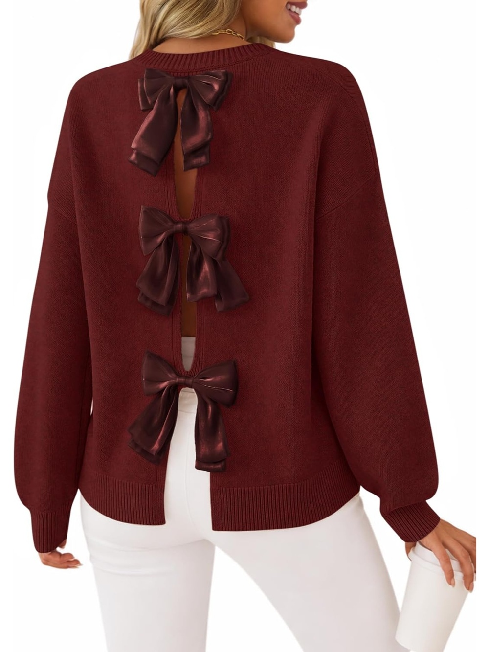 🆕 Women's Burgundy Fall Bow Knot Oversized Casual Pullover Sweaters